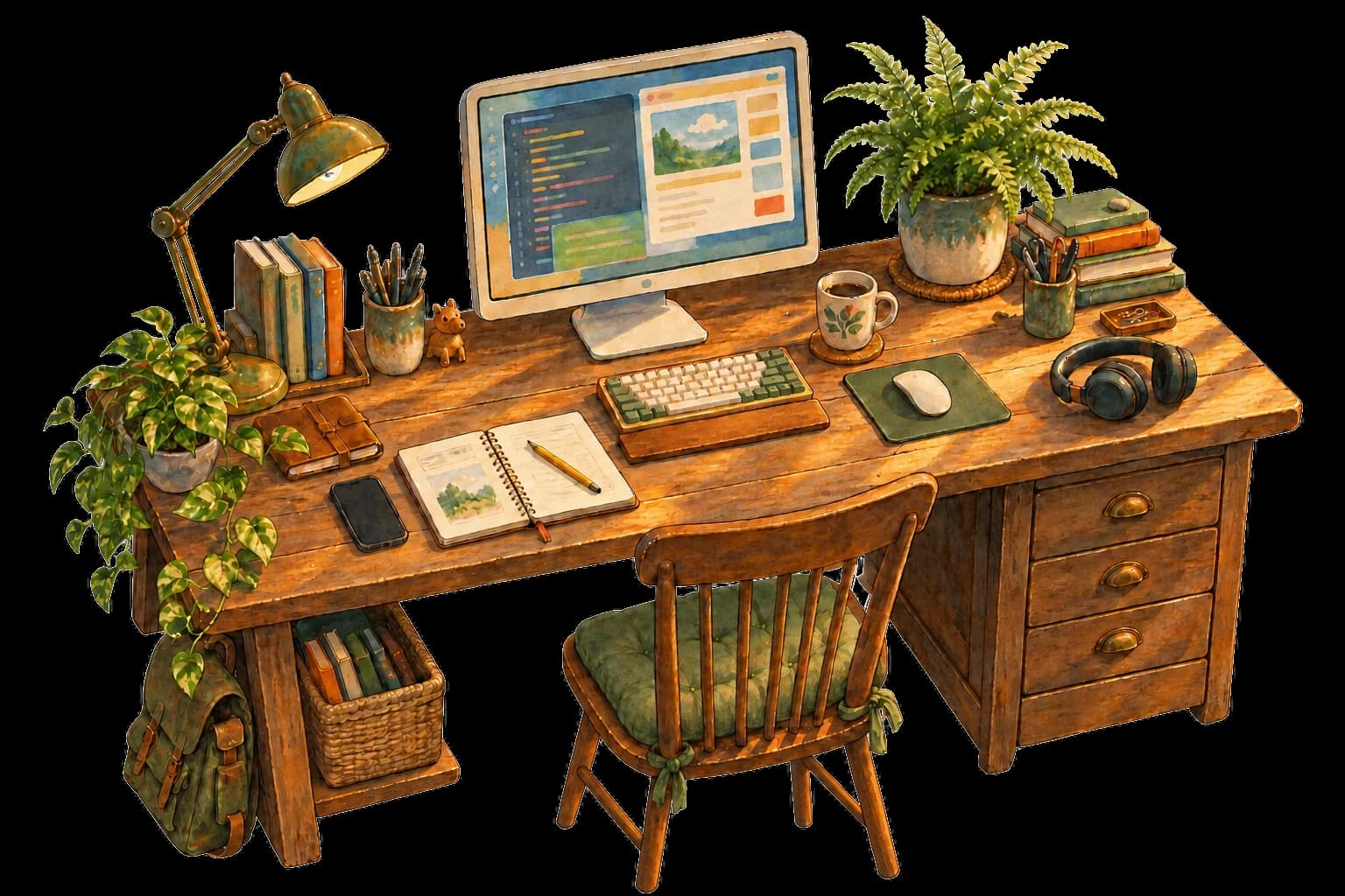 A hand-painted wooden desk with a computer, notebook, coffee, and plants