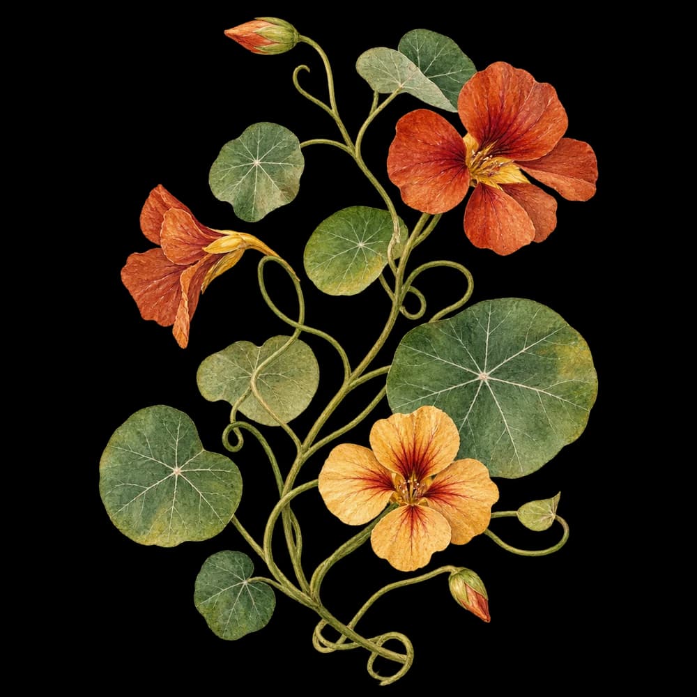 Watercolor nasturtium with winding stems, sage leaves, and terracotta flowers