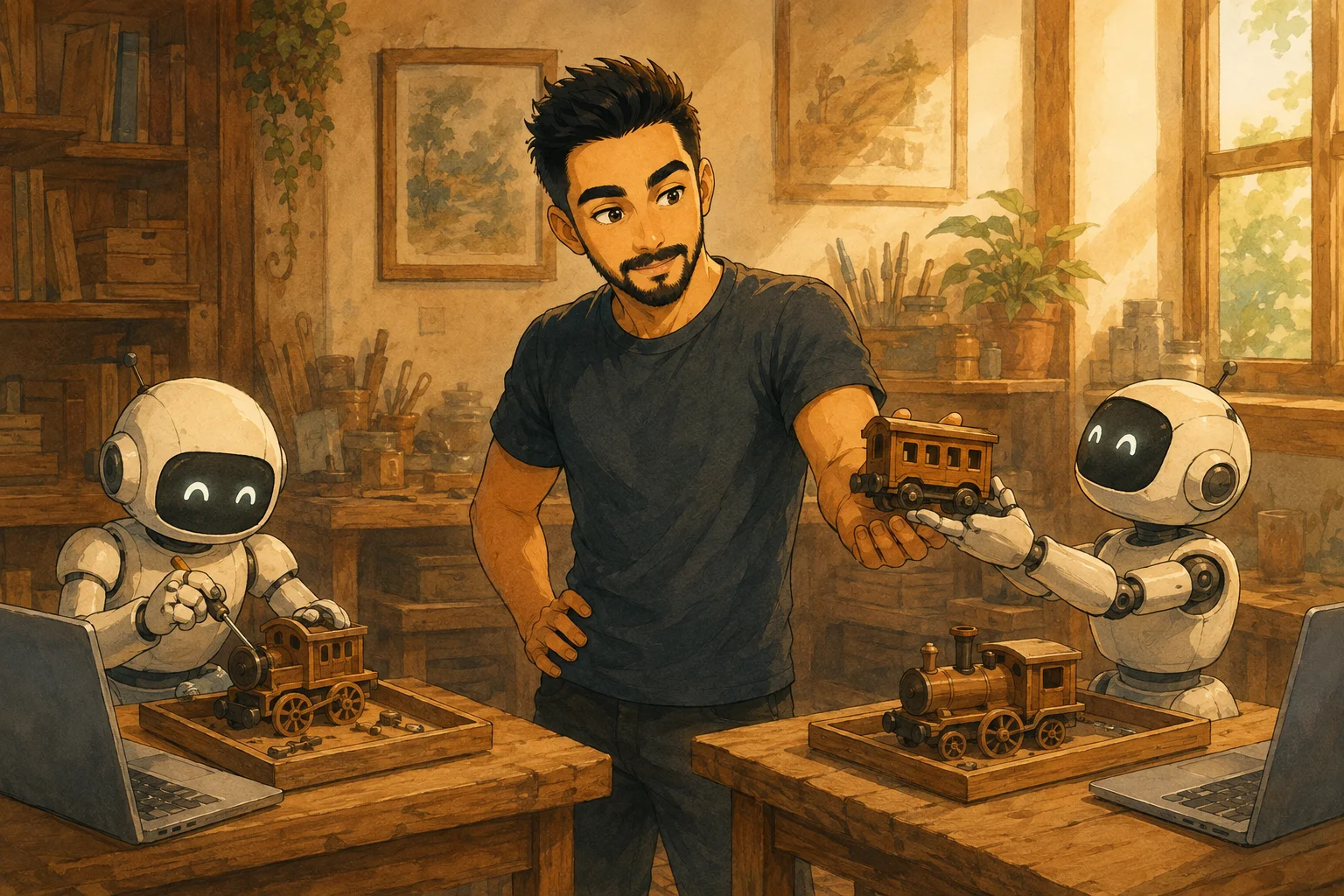 Yasiel inspects a wooden train carriage from one robot while another repairs a matching train at a separate desk.