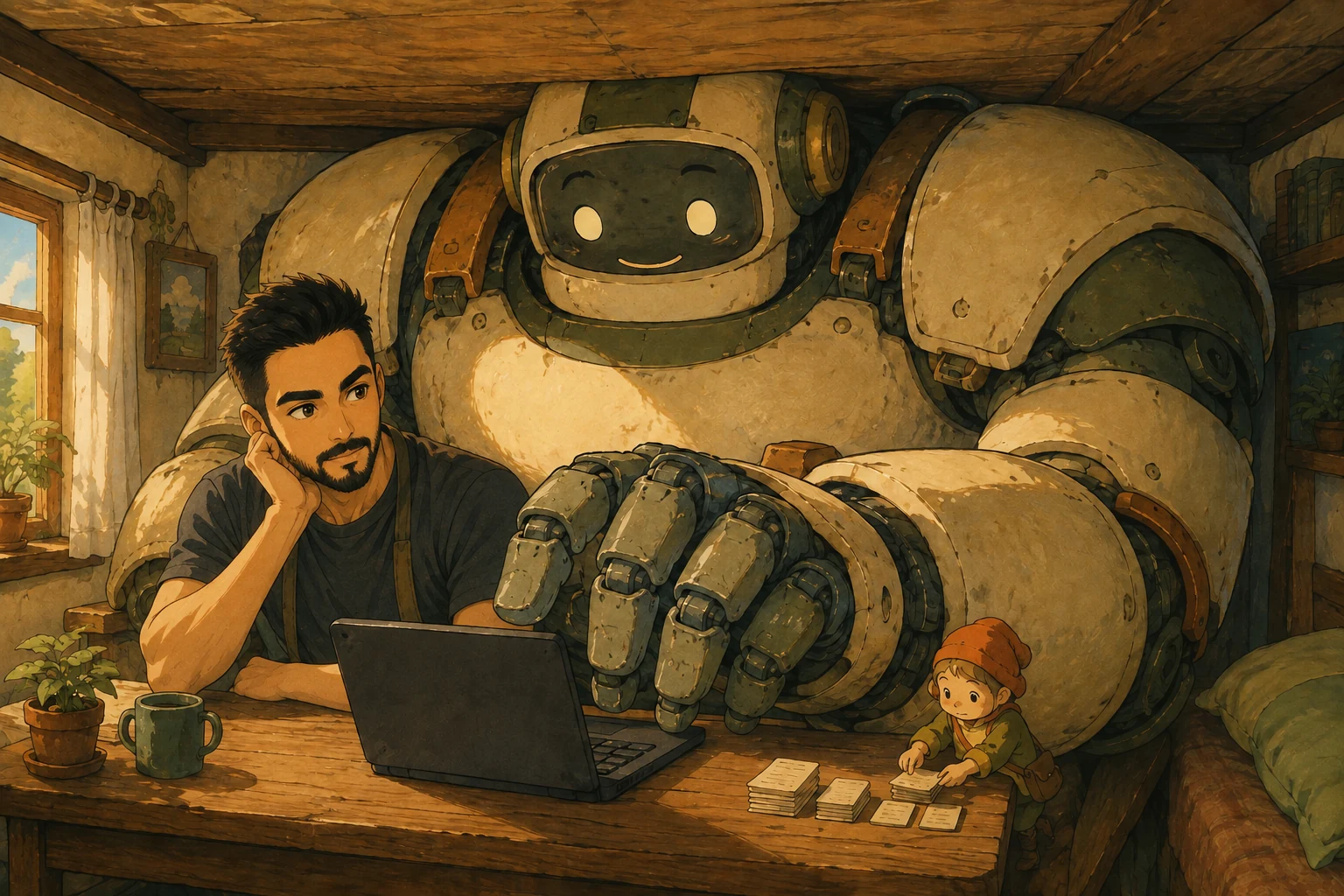 Yasiel sits at a laptop beside a giant robot whose hand dwarfs the keyboard, while a tiny helper sorts cards.