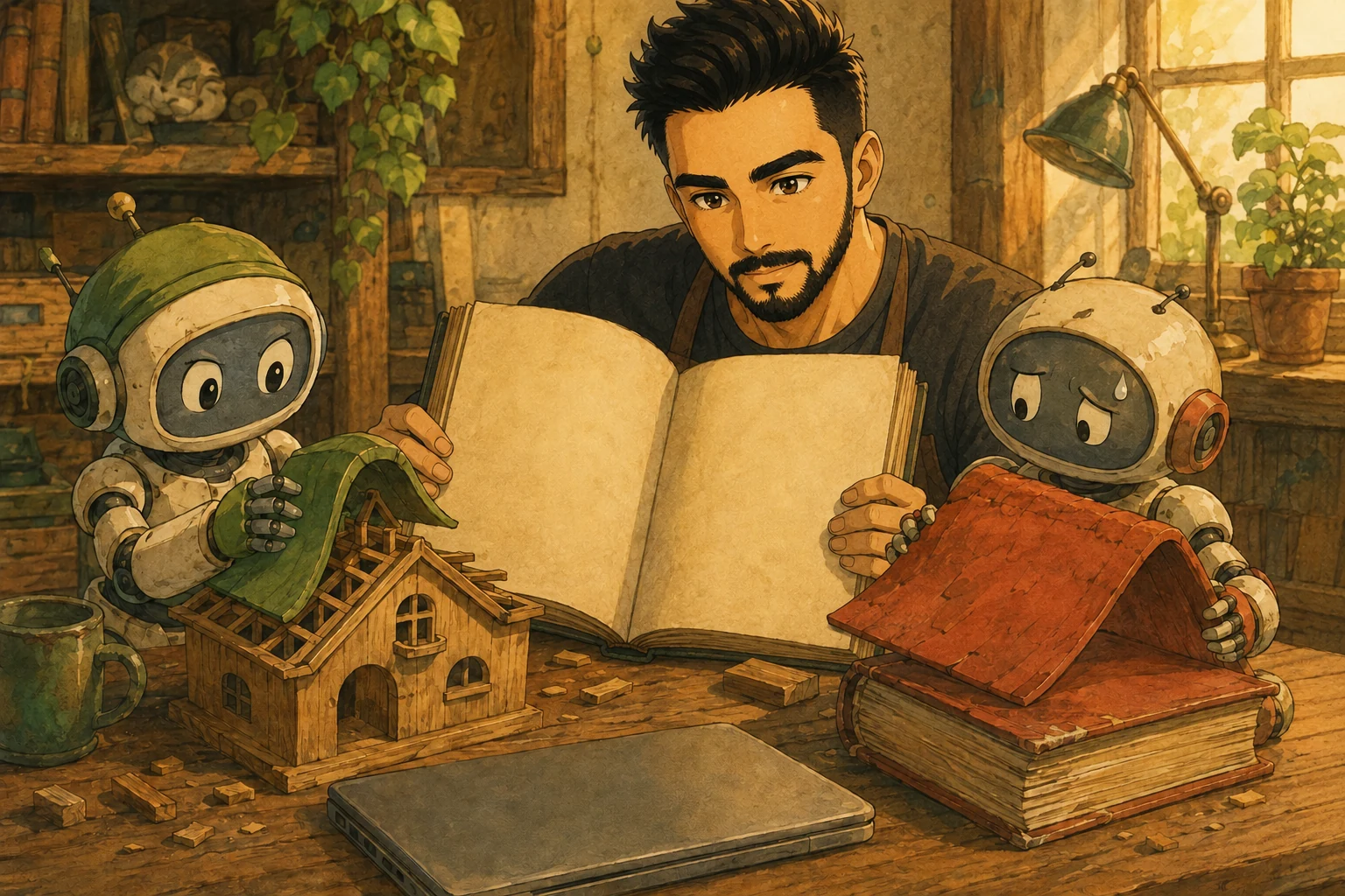 Yasiel holds a guidebook for two robot apprentices fitting different roof pieces onto a wooden model house.