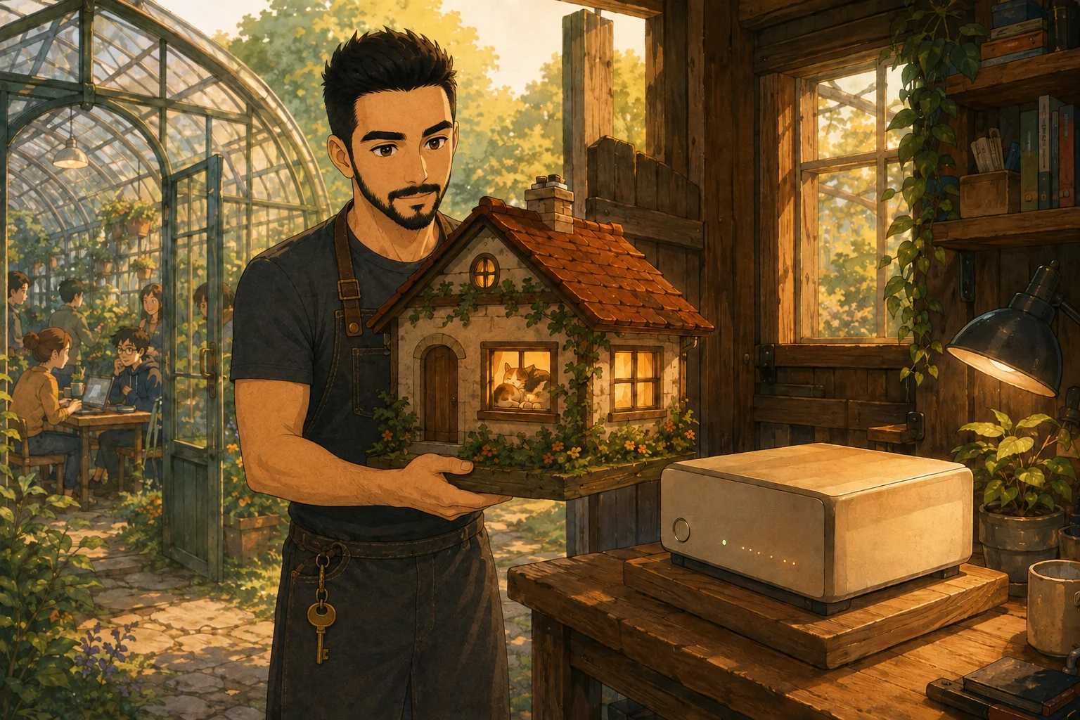 Yasiel carries a glowing model cottage toward a home server on his workbench, with a cat in the cottage window.