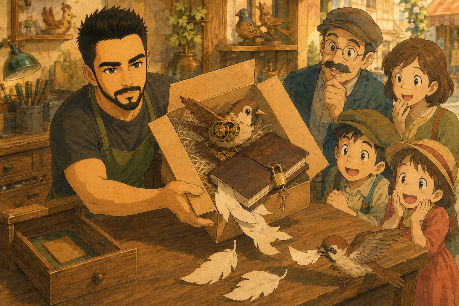 Yasiel presents a boxed clockwork bird with a locked notebook and loose paper patterns accidentally packed alongside it.